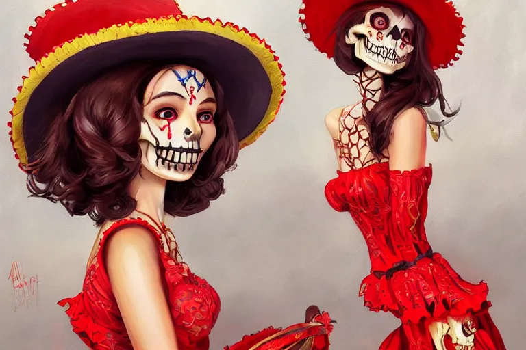 Prompt: cute & beautiful smiling mexican undead skeleton girl wearing a sombrero and a wide red dress, elegant, digital art, fantasy, pixar style, painting, pin up, highly detailed, artstation, art by artgerm, vrubel, boris vallejo and ilya kuvshinov