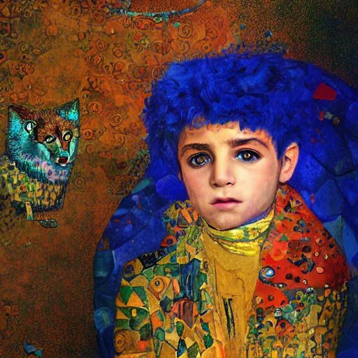 Prompt: painting of vivid colors iraqi boy child with a pet fox gustav klimt wallpaper by android jones detailed matte painting 8 k