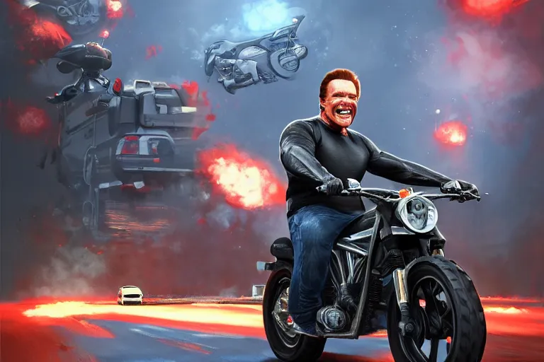 Image similar to Arnold Schwarzenegger grinning maniacally while riding a miniature motorbike, hyperrealistic, concept art, illustration, 8k, cinematic, digital painting, very detailed, volumetric lighting, artstation, unreal engine, vivid colors