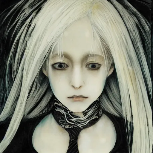 Image similar to Yoshitaka Amano realistic illustration of an anime girl with white hair and cracks on her face wearing dress suit with tie fluttering in the wind, abstract black and white patterns on the background, noisy film grain effect, highly detailed, Renaissance oil painting, weird portrait angle