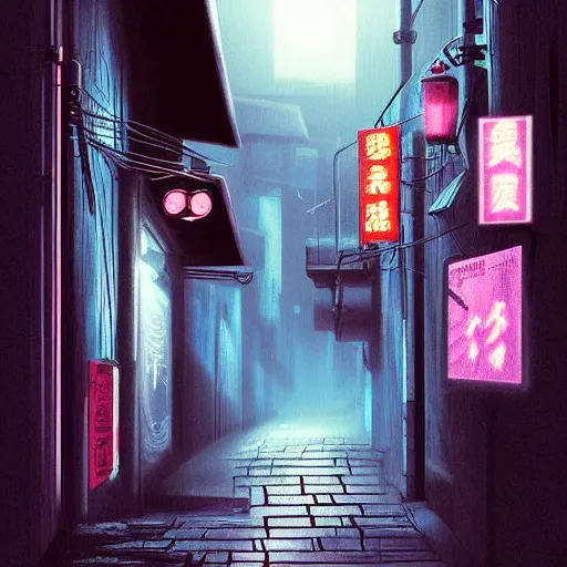 Prompt: digital art painting of dark alleyway in modern Japan with neon lights, dystopian feel, fog, mist, night time, blue moon, with a black silhouette of a cat standing in a dimly lit passage at the end, cgsociety, trending on artstation