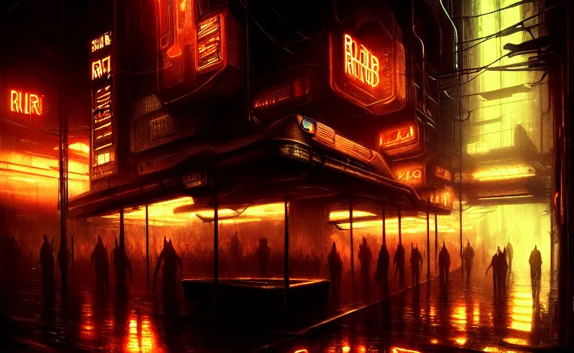 Prompt: blade runner in a dimly lit bar, fluorescent lighting, eerie, otherworldly atmosphere, detailed, photorealistic imagery, futuristic, intricate, detailed, photorealistic imagery, artstation