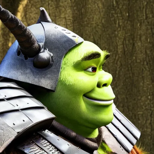 Image similar to photo of shrek using samurai armor