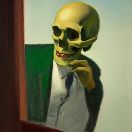 Image similar to a portrait painting of a man with a skull as his head, man is wearing a suit, the skull is green, in the style of edward hopper, 4 k,