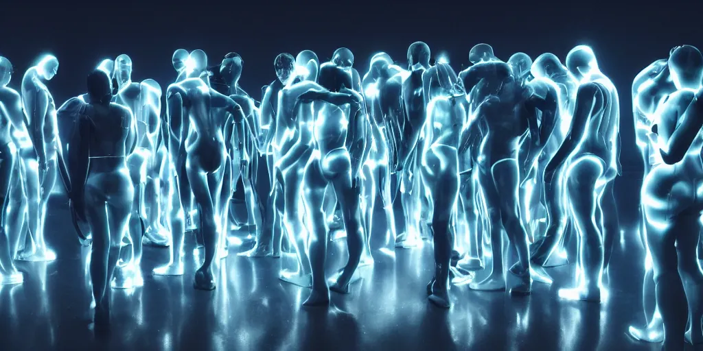 Image similar to groups of androids with glowing electronic bodies, from behind, rebirth, beauty, wide angle, elaborate, wet, highly detailed, colors, beautiful lighting