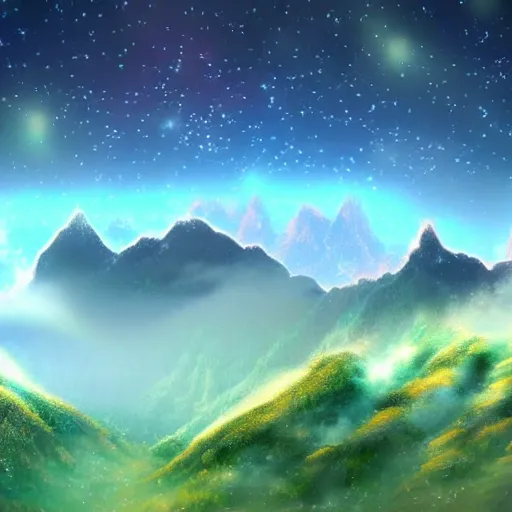 Image similar to digital artwork of a beautiful fantasy landscape of magical mountains encircled by clouds, mist, auras