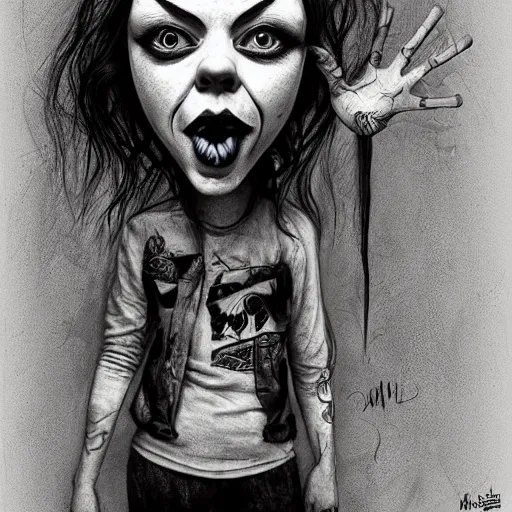 Image similar to surrealism grunge cartoon sketch of billie eilish with a wide smile by - michael karcz, loony toons style, pennywise style, horror theme, detailed, elegant, intricate