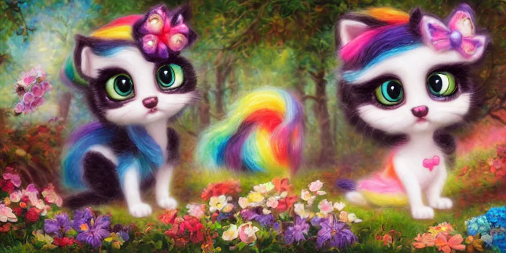 Prompt: 3 d littlest pet shop cat, lacey accessories, glittery wedding, ice cream, gothic, raven, rainbow, smiling, forest, master painter and art style of noel coypel, art of emile eisman - semenowsky, art of edouard bisson