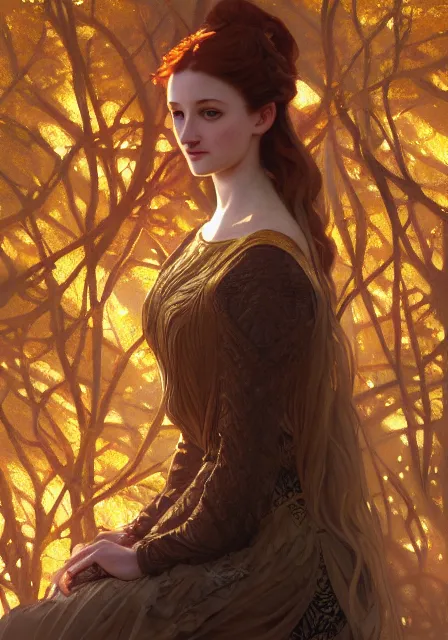 Image similar to sansa stark gold lights sunny autumn, intricate, elegant, highly detailed, digital painting, artstation, concept art, smooth, sharp focus, illustration, art by artgerm and greg rutkowski and alphonse mucha and william - adolphe bouguereau