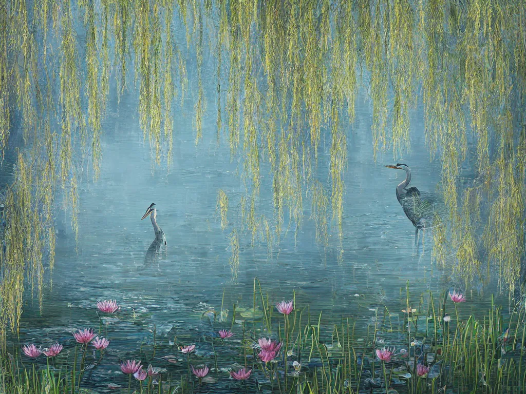 Image similar to a beautiful painting of blue heron in shallow river with waterfalls in distance, lake surrounded by beautiful willow and cherry blosom trees, lily pads, bullrushes, marsh, puffy clouds, morning dawn, intricate, highly detailed digital art, sylized, featured on artstation, by Artgerm and Mikko Lagerstedt