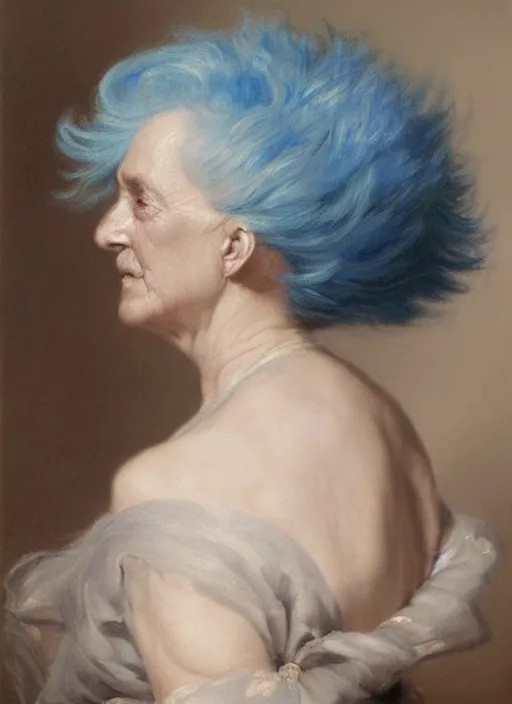 Image similar to a detailed portrait of old woman with a extravagant mohawk by edouard bisson, blue hair, punk rock, oil painting, muted colours, soft lighting