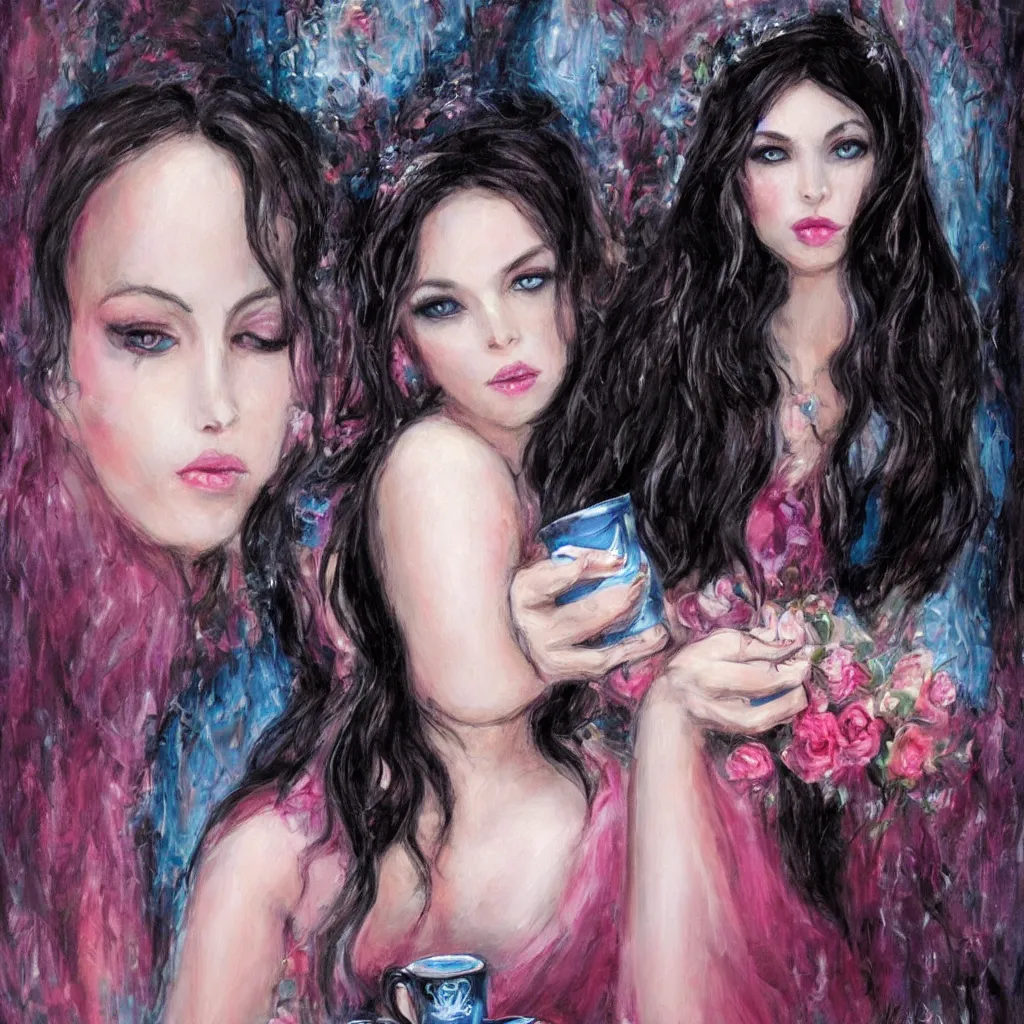 Image similar to beautiful young dark haired girl, with blue eyes, pink lips, dark eye shadow, lois royo style, dark princess of coffee, sitting on a throne drinking coffee.