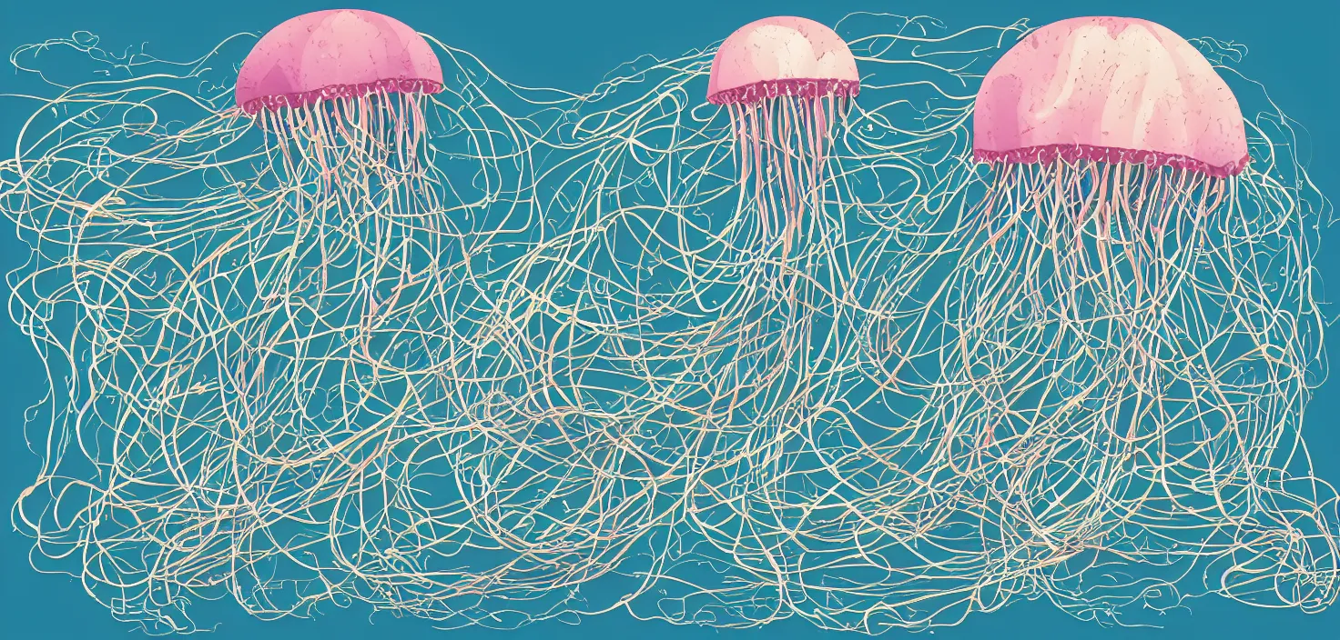 Image similar to cartoon storybook illustration of A floating island of jellyfish tangled together into nets by jellyfish cannons