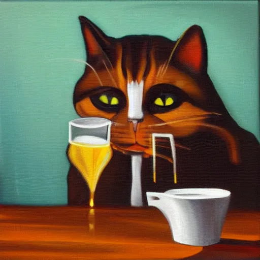 Image similar to oil in canvas of a cat drinking beer a bar, it is sad