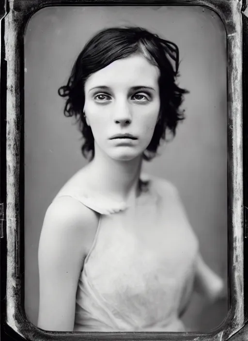 Image similar to portrait of a young women with beautiful eyes, photo realistic, elegant, award winning photograph, cinematic lighting, ambrotype wet plate collodion by richard avedon and shane balkowitsch