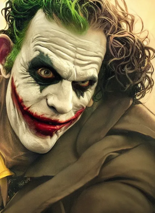Prompt: a still of a Jewish man as the Joker in Joker 2020, realistic, Jew, Gotham city, sigma male, accurately portrayed, portrait art by alphonse mucha and greg rutkowski, highly detailed, digital painting, concept art, illustration, dim lighting with twilight rays of sunlight, trending on artstation, very detailed, smooth, sharp focus, octane render, close up