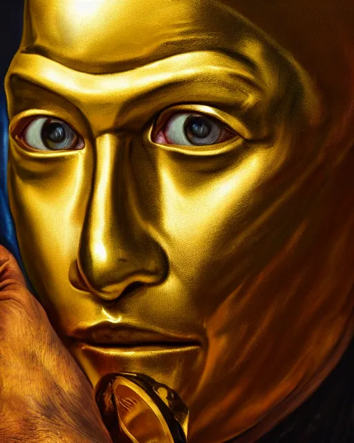 Image similar to oil painting portrait of man with a golden mask, photorealistic, shaded, cinematic lighting, high production value, intricate details, high resolution, hdr, high definition, masterpiece, realistic, ultrarealistic, highly detailed, hd, sharp focus, non blurry, sharp, smooth