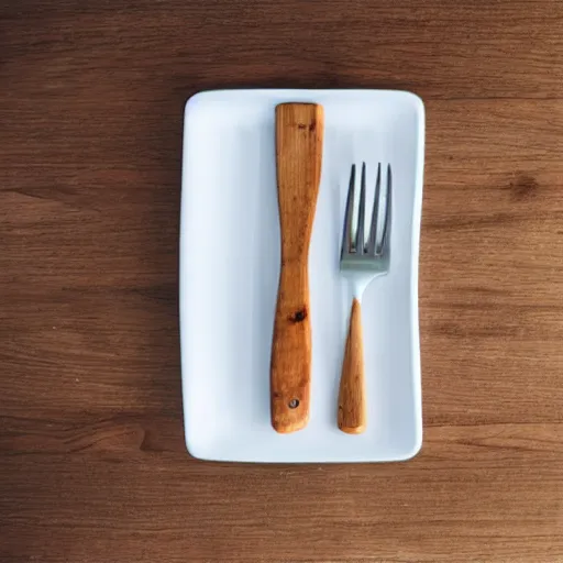 Image similar to a fork, a plate and a knife on a wooden table