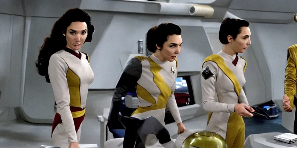 Image similar to a scene from Trouble with Tribbles, an episode of the original Star Trek series, with Gal Gadot, in Starfleet uniform, in the role of Captain Kirk