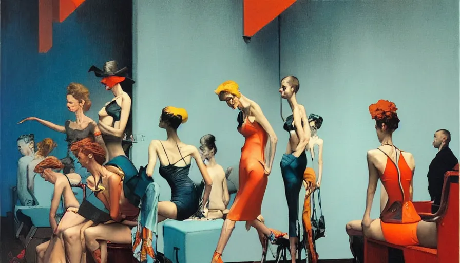Prompt: channel runway show by francis bacon, elegant, surreal, norman rockwell and james jean, greg hildebrandt, and mark brooks, triadic color scheme, by greg rutkowski, syd mead and edward hopper and norman rockwell and beksinski, lingerie, dark surrealism, orange and turquoise