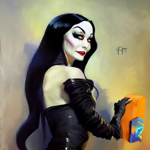 Image similar to greg manchess portrait painting of morticia from addams family as overwatch character, medium shot, asymmetrical, profile picture, organic painting, sunny day, matte painting, bold shapes, hard edges, street art, trending on artstation, by huang guangjian and gil elvgren and brom