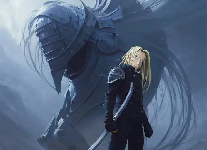 Image similar to highly detailed portrait of elric edward, in fullmetal alchemist, stephen bliss, 8 k, unreal engine, fantasy art by greg rutkowski, loish, rhads, ferdinand knab, makoto shinkai and lois van baarle, ilya kuvshinov, rossdraws, tom bagshaw, global illumination, radiant light, detailed and intricate environment