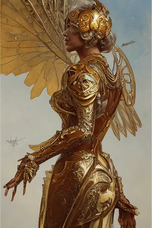 Prompt: full body portrait of a queen wearing white armor with ornate bronze and gold, white gossamer wings, art nouveau, profile, 4K, character concept art, oil painting, trending in artstation, cgsociety, by nekro, Alphonse Mucha, Artgerm, Greg Rutkowski and Craig Mullins
