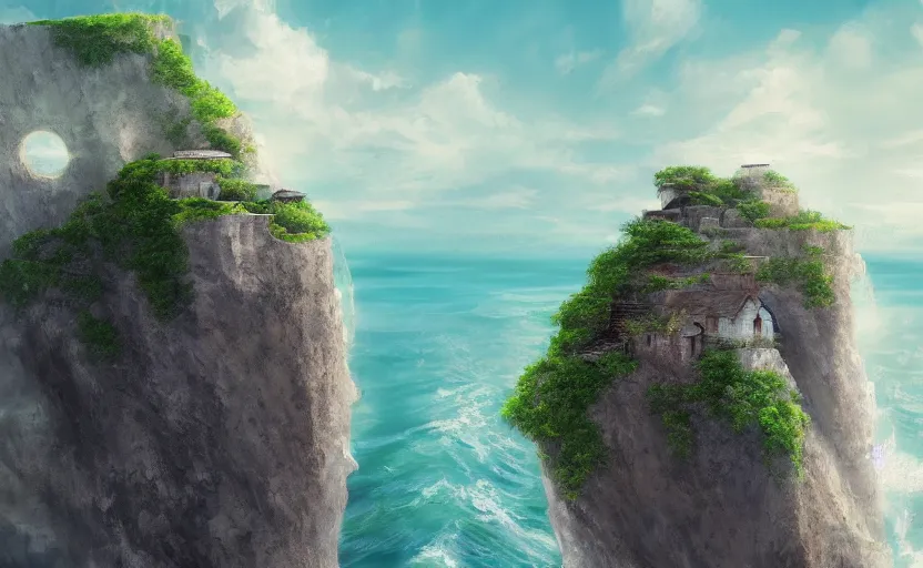 Prompt: one house on a cliff over an ocean, one small boat, dangerous cliffside, trees. matte painting, anime, trending on ArtStation, digital art.