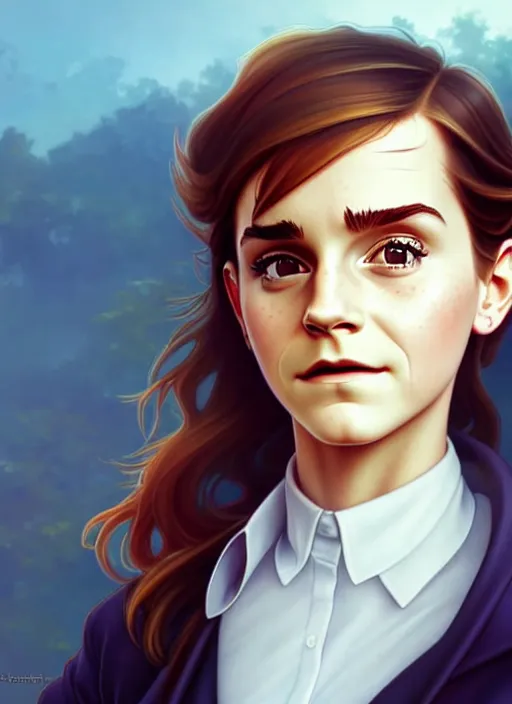 Image similar to cute bus driver emma watson, natural lighting, path traced, highly detailed, high quality, digital painting, by don bluth and ross tran and studio ghibli and alphonse mucha, artgerm
