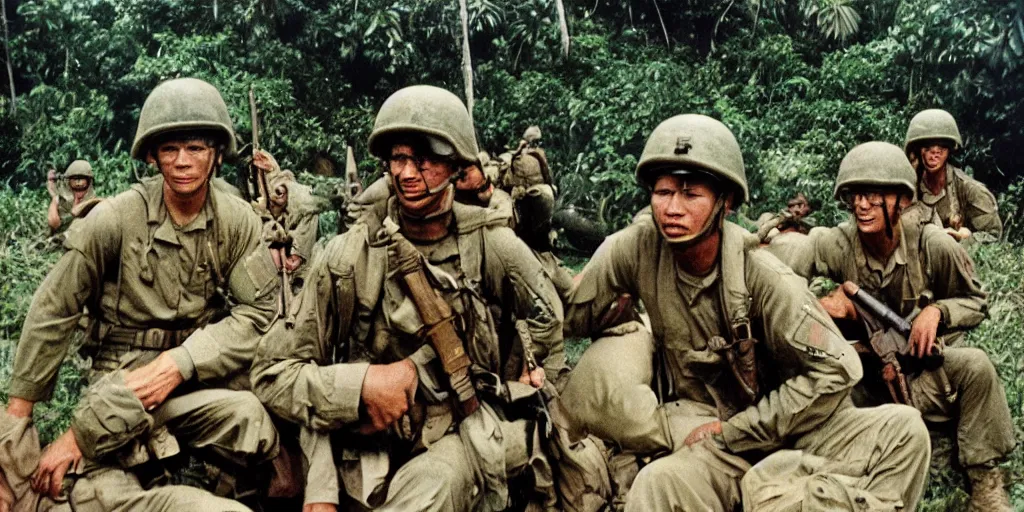 Prompt: u. s. marines move through a landing zone 1 9 6 9, vietnam war, soldiers closeup, face closeup, us flag, jungles in the background, coloured film photography, exposed colour film, ken burns photography lynn novick photography