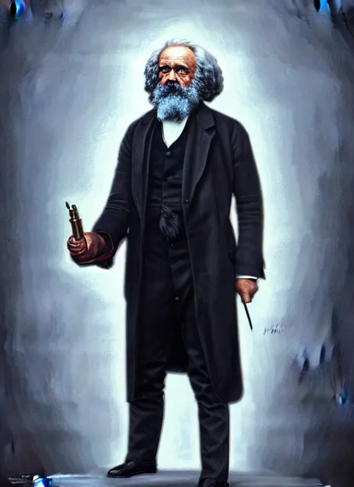 Prompt: a detailed full body painted portrait of karl marx by artist hadi karimi, wlop, artgerm, greg rutkowski, smirk expression, dramatic lowkey studio lighting, accurate skin textures, hyperrealism, aesthetically pleasing and harmonious vintage colors