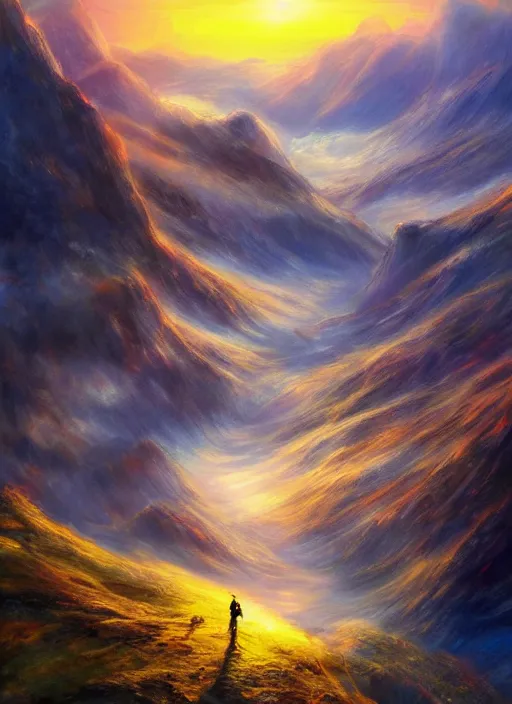 Image similar to a beautiful concept art painting of a sunrise on a peruvian mountain, beautiful lighting, fantasy art