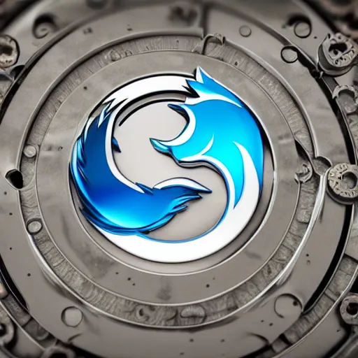 Image similar to mythical organic biomechanical firefox logo fighting a clean steel chrome logo. futuristic. blue blurry background. highly detailed, intricate steampunk ornate, poetic, 3 d render, digital art, octane render, 8 k artistic photography, photorealistic.