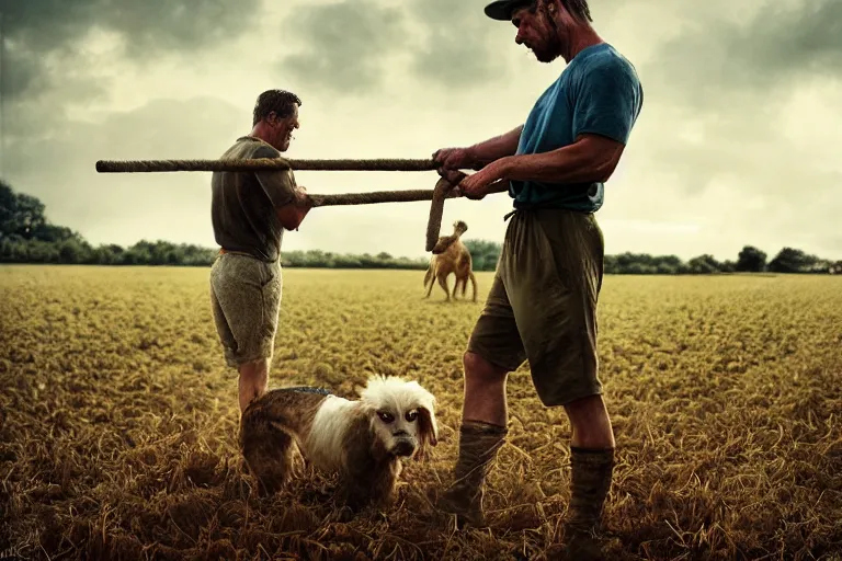 Image similar to a cinematic headshot portrait of a farmer, working out in the field, a dog in the background, movie still, shallow depth of field, muted colors, by krenz cushart