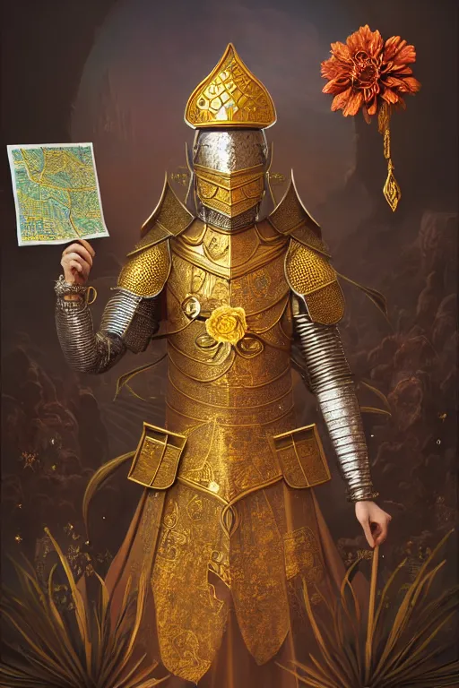 Image similar to hyperdetailed matte illustration of a knight wearing an ornate gold headpiece and holding a flower with a map of the collective subconscious in the background by octane render