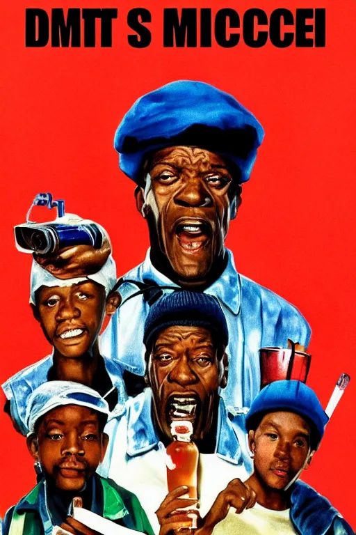 Prompt: poster the movie 1 9 8 8 ussr don't be a menace to south central while drinking your juice in the hood, perfect symmetrical eye, russian hat ushankas