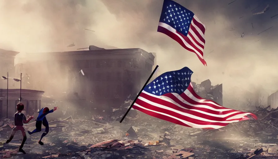 Image similar to child flying a torn american flag while running through streets of destroyed washington dc, collapsed buildings with debris and dust, hyperdetailed, artstation, cgsociety, 8 k