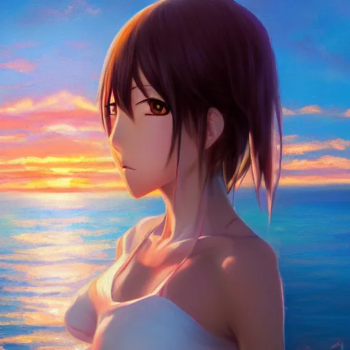 Image similar to an anime girl portrait, sunset, ocean in distance, oil painting, pale colors, high detail, 8 k, wide angle, trending on artstation,