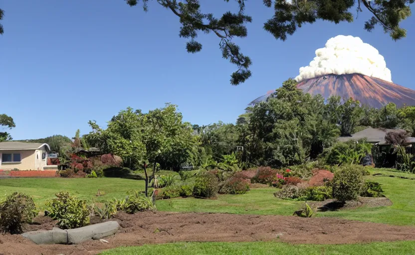 Prompt: suburban house and yard with small volcano erupting in the yard foreground, ground level