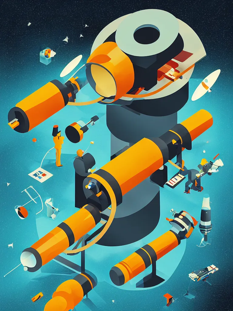 Image similar to editorial illustration scientific lab test tube telescope microscope spaceship, dynamic composition, detailed, matte print, dynamic perspective, colorful modern, mads berg