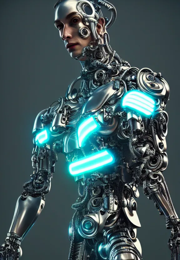 Image similar to ultra realist intricate detailed painting of a single attractive cyborg male, neon scales and cyborg tech, model pose, hyperrealistic, soft lighting, octane render