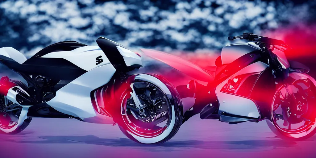 Image similar to design of futuristic suzuki, designed by honda, industrial design, northern lights background, brushed white and blue paint, red rims, dark show room, dramatic lighting, hyper realistic photo, depth of field, bokeh effect, 1 5 0 mm, shot on arriflex 3 5 ii