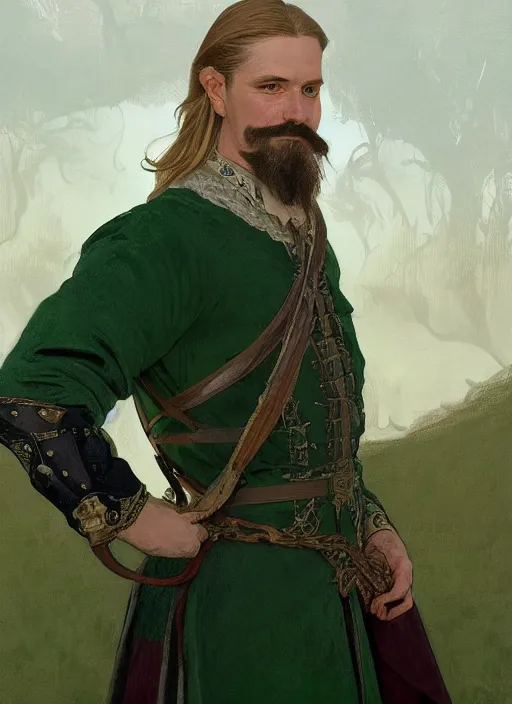 Image similar to medium-length portrait of a 35-year-old male noble with long blonde hair and green eyes, white skin, blonde handlebar mustache, smug smirk, elegant green clothing, medieval setting, highly detailed, digital painting, artstation, concept art, sharp focus, illustration, art by greg rutkowski and alphonse mucha