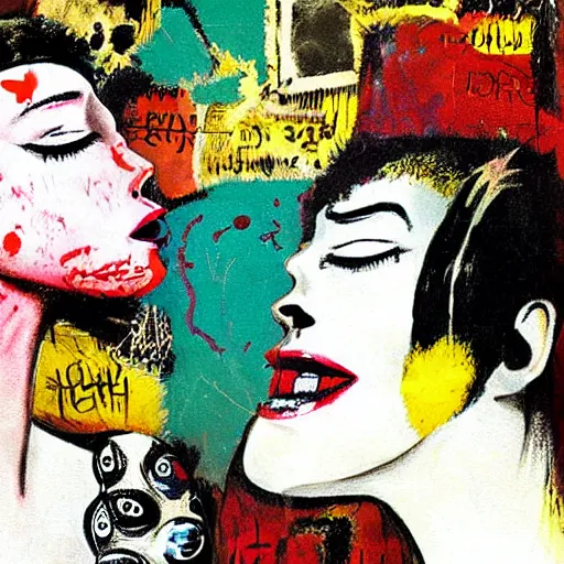 Image similar to beautiful painting of two bizarre psychedelic goth women kissing each other closeup in a cafe in japan, speculative evolution, mixed media collage by basquiat and jackson pollock, magazine collage art, sapphic art, lesbian art