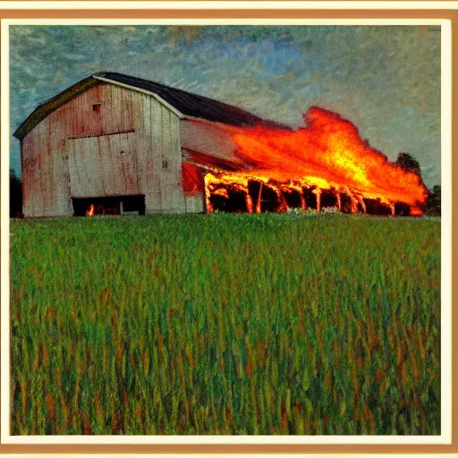 Image similar to a small barn engulfed in flames in the style of Monet