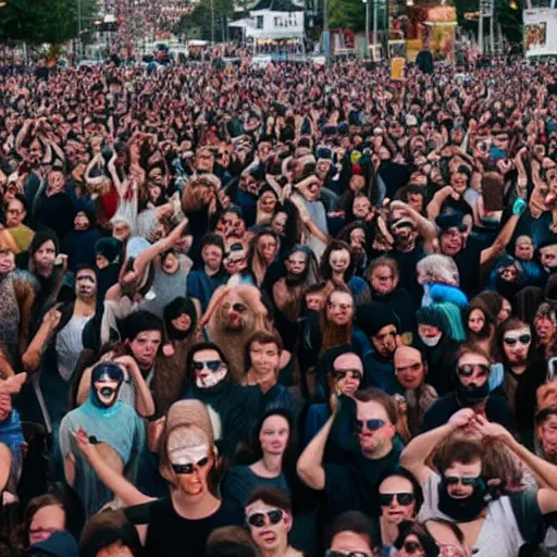 Image similar to Jesus in balaclava mask raving in a huge crowd