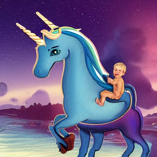 Image similar to ctuhulhus and tom cruises son riding an unicorn