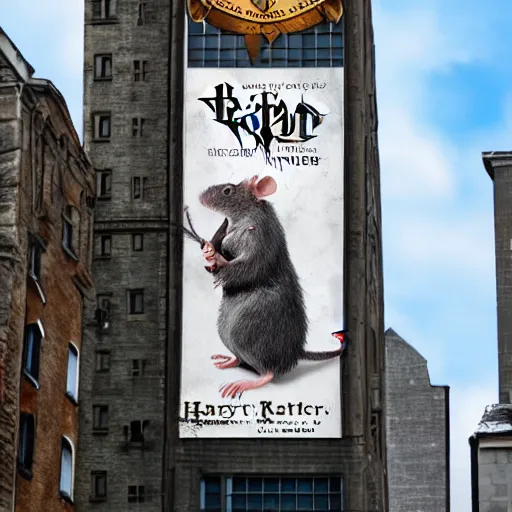 Prompt: rat as harry potter movie poster on a building