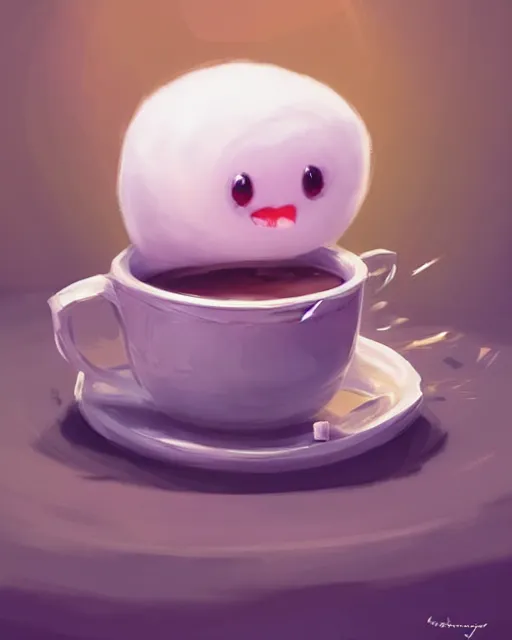 Image similar to concept art of a marshmellow creature, sitting in a cup of hot cocoa | | cute - fine - fine details by stanley artgerm lau, wlop, rossdraws, and sakimichan, trending on artstation, brush strokes