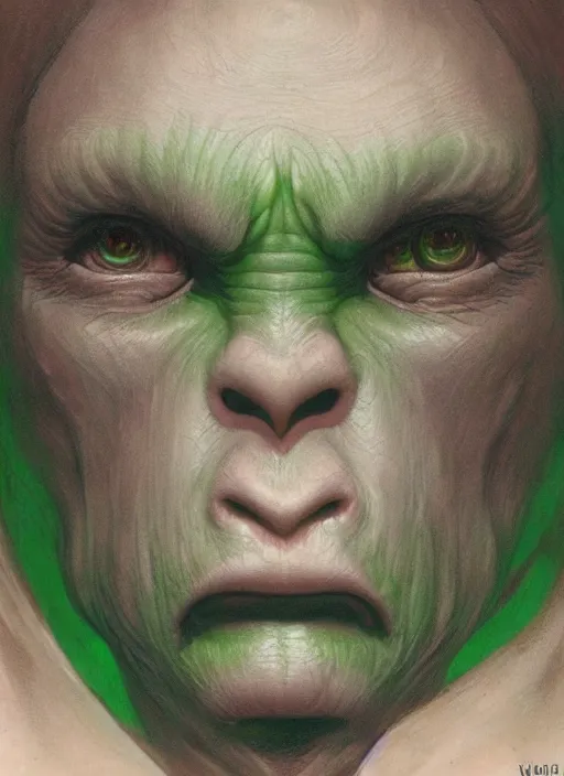 Prompt: green orc female, light green tone beautiful face by wayne barlowe